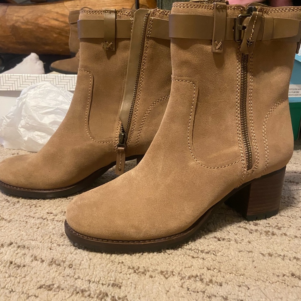 Tan Suede Mid-Heel Ankle Boots with Buckle Detail